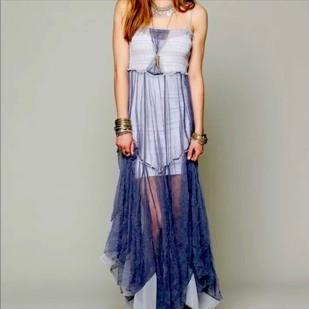 Free PeopleRaw Tulle Maxi Slip Dress Blue and White